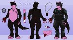 2024 absurd_res anthro armor artist black_body black_fur colored digital_media_(artwork) english_text fur hi_res jewelry justnotcobalt musclegut muscular necklace papagen pink_body pink_fur ronin(unholyberserker) tail text