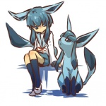 1:1 animal_humanoid asian_clothing blue_eyes blue_hair clothing cosplay duo east_asian_clothing eeveelution female feral footwear generation_4_pokemon glaceon hair hitec human humanoid japanese_clothing japanese_school_uniform knee_highs knee_socks legwear mammal nintendo pokemon pokemon_(species) ribbons school_uniform serafuku simple_background sitting socks tail the_melancholy_of_haruhi_suzumiya uniform white_background