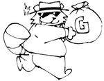 2024 anthro biped butt clothing duo eyewear hat headgear headwear killer_outlet mammal mo_(undertale_yellow) money_bag monochrome open_mouth procyonid raccoon running slightly_chubby smile solo sunglasses undertale_yellow