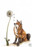 2014 amber_eyes ambiguous_gender black_nose black_tail_tip canid canine closed_smile dandelion dipstick_tail feral flower fox fur kola_(artist) leg_markings looking_aside mammal markings mouth_closed plant quadruped red_body red_fox red_fur simple_background sitting smile socks_(marking) solo tail tail_markings traditional_media_(artwork) true_fox watercolor_(artwork) white_background white_body white_fur