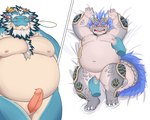 absurd_res animal_genitalia anthro belly blue_body blue_hair body_hair cloaca cloacal cloacal_penetration dragon duo erection fingering fingering_partner genitals grey_body hair happy_trail hi_res lifewonders lying male male/male mature_male moob_grab moob_squeeze moobs mythological_creature mythological_scalie mythology navel nipples nude on_back overweight penetration penis peto3001 qinglong_(tas) scalie sex size_difference tokyo_afterschool_summoners white_hair