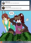 2017 ailurid antelope anthro ask_blog bovid breasts brown_hair cleavage clothed clothing conditional_dnp dialogue digital_media_(artwork) double_entendre duo english_text eyewear female food fruit gardening gazelle glasses glitter_(kadath) gloves hair handwear humor kadath mammal melon plant pun red_panda ruby_(kadath) shovel speech_bubble sunglasses text tools tumblr user_avatar watermelon