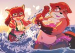 absurd_res anthro beach beach_background beach_towel big_breasts breasts canid canine cerveza_(rewdy) clarisse_(toonarscontent) clothing deer duo female fox hi_res mammal smile swimming_trunks swimwear thick_thighs toonarscontent towel wide_hips