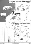 2024 anthro artist_name black_and_white canid canine canis cheek_tuft clothed clothing comic dialogue digital_drawing_(artwork) digital_media_(artwork) english_text facial_tuft fur greyscale hair hi_res inside koffeecake male mammal monochrome open_mouth shaded simple_background sketch solo speech_bubble text thought_bubble tuft