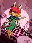 2019 3:4 absurd_res anthro antlers apron bass_guitar biped blonde_hair checkered checkered_floor clothed clothing container cup deer electric_guitar eyelashes feet female fingers fur green_apron green_clothing guitar hair hi_res hooved_fingers hooves horn mammal marshall_amplification mug musical_instrument name_tag one_eye_closed orange_body orange_fur painting_(artwork) plucked_string_instrument red_hair remy_boydell slim_anthro slim_female solo splash string_instrument traditional_media_(artwork) velvet_(velvetomo) wink