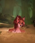 alicia_(shastakovich) anthro arilace arm_tuft blue_eyes bubble canid canine dipstick_ears ear_markings eyebrows eyelashes female forest fox fur hair hi_res mammal multicolored_ears partially_submerged plant ponytail quicksand red_hair sand shoulder_tuft sinking solo tree tuft