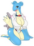 4_fingers anthro anthrofied big_breasts blue_body bracelet breasts clothed clothing collar female fingers generation_1_pokemon grey_eyes hi_res horn huge_breasts jacket jewelry lapras legwear nintendo pokeball pokeball_collar pokemon pokemon_(species) pokemorph shell simple_background solo standard_pokeball swimwear swimwear_down topwear urusee584 white_background zipper