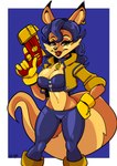 2024 5_fingers anthro bandeau big_breasts blue_hair boots bottomwear breasts brown_eyes canid canine carmelita_fox cleavage clothed clothing collar ear_piercing ear_ring eyebrows eyelashes female fingers footwear fox fully_clothed gloves gun hair hand_on_hip handgun handwear hi_res holding_gun holding_handgun holding_object holding_pistol holding_ranged_weapon holding_weapon insomniacpen jacket lipstick long_hair looking_at_viewer makeup mammal markings midriff mole_(marking) navel pants piercing pistol ranged_weapon red_lipstick ring_piercing shoes sly_cooper_(series) smile solo sony_corporation sony_interactive_entertainment sucker_punch_productions topwear trigger_discipline weapon