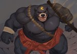 abs absurd_res anthro battle bear biceps black_bear_guai black_body black_myth:_wukong black_sclera bodily_fluids bottomwear clothed clothing erection foreskin front_view genitals hi_res high-angle_view humanoid_genitalia humanoid_penis immobilization loincloth male mammal muscular muscular_male navel open_mouth partially_retracted_foreskin pecs penis qigiu quads red_eyes solo standing sweat topless