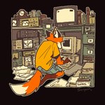 1:1 animated anthro barefoot biped bottomwear canid canine clothed clothing computer dipstick_tail electronics feet fox fully_clothed fur gesture hi_res hindpaw inner_ear_fluff kneeling looking_at_viewer male mammal markings multicolored_body multicolored_fur orange_body orange_fur paws serpent_x shirt short_playtime shorts signature smile smiling_at_viewer solo tail tail_markings tail_motion tailwag technology topwear tuft typing waving yellow_clothing yellow_shirt yellow_topwear