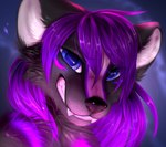 2022 anthro black_body black_ears black_fur black_nose bloominglynx blue_eyes blue_pupils bust_portrait cheek_tuft chest_tuft eyelashes facial_tuft fangs female fur glistening glistening_eyes glistening_hair glistening_nose grin hair narrowed_eyes portrait pupils purple_body purple_fur purple_hair signature simple_background smile solo teeth tuft violet_rena white_body white_fur white_inner_ear