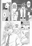 anthro building bulge canid canine clothed clothing comic countershading dialogue english_text erection erection_under_clothing eyewear felid fruitz glasses hair hi_res inside kemono male mammal monochrome necktie open_mouth pantherine suit text tiger