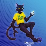 1:1 2021 absurd_res alcohol anthro beverage biped black_body black_fur blue_pawpads bombom_(brasil_furfest) bottomless brasil_furfest caipirinha clothed clothing cocktail domestic_cat felid feline felis fossillus fur fur_tuft green_eyes heterochromia hi_res holding_beverage holding_object male mammal pawpads shirt shirt_only solo tail text text_on_clothing text_on_shirt text_on_topwear topwear topwear_only tuft yellow_clothing yellow_eyes yellow_shirt yellow_topwear