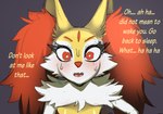 2023 akitokit anthro braixen dialogue digital_media_(artwork) english_text fur generation_6_pokemon in_heat inner_ear_fluff nintendo open_mouth pokemon pokemon_(species) red_eyes red_inner_ear_fluff red_nose solo teeth text tongue tuft white_body white_fur yellow_body yellow_fur