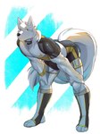 2024 anthro bent_over biceps biped bodily_fluids canid canine canis clothing fur looking_away male mammal meowmeds muscular muscular_anthro muscular_male solo sweat sweatdrop sweaty_body tight_clothing white_body white_fur wolf yellow_eyes