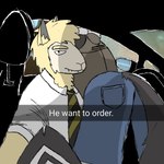 1:1 anthro bovid butt canid canine canis caprine car duo eyebrows fangs he_wants_to_order hi_res hybrid hyena inside_car lammy_(meko) male mammal meko_(artist) meme necktie sheep sheep-wolf teeth thick_eyebrows vehicle wolf