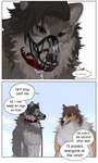 aman_(weibo) anthro biped brown_body brown_fur canid canine canis collar comic dialogue domestic_dog duo ellipsis english_text fur grey_body grey_fur hard_translated herding_dog leash male mammal muscular muscular_male muzzle_(object) muzzled pastoral_dog speech_bubble text third-party_edit translated translation_edit white_body white_fur wire_basket_muzzle wolf