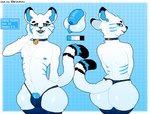 anthro balls big_butt blue_body blue_theme blush bodily_fluids butt domestic_cat felid feline felis fur genital_fluids genitals hi_res male mammal mertvykhcrows nipples nude open_mouth penis simple_background smile solo tail text white_body