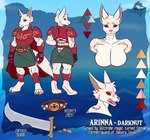 2024 arinna_(grinn3r) armor belt breasts canid canine cape claws clothed clothing conditional_dnp darknut expressions featureless_breasts female front_view fur fur_markings gloves gold_claws grinn3r handwear head_tuft hi_res mammal markings melee_weapon model_sheet muscular muscular_female nintendo pale_fur pink_nose rear_view red_eyes shirt solo sword tall_ears tan_body tan_fur the_legend_of_zelda topwear tuft tunic weapon