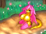 absurd_res alenicia_(artist) alenicia_(character) anthro big_breasts breasts dragon eastern_dragon female flower forest forest_background fur gold_scales hair hi_res huge_breasts kneeling kneeling_on_ground mythological_creature mythological_scalie mythology nature nature_background pink_body pink_fur pink_hair plant scalie solo tree