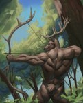 anthro arrow_(weapon) artist_name bottomwear bow_(weapon) buckovskiart clothing day deer forest hi_res loincloth male mammal muscular plant ranged_weapon shrub sky solo tree weapon