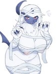 3:4 4_fingers absol anthro anthrofied areola baburusushi bandage bandaged_arm bandaged_chest bandaged_leg belly big_breasts biped black_body black_fur blush breasts claws curvy_figure female female_anthro fingers front_view fur generation_3_pokemon hi_res horn looking_at_viewer mummy mummy_costume mummy_wrappings navel neck_tuft nintendo nipples open_mouth pokemon pokemon_(species) portrait rawr red_eyes simple_background slightly_chubby solo standing three-quarter_portrait tuft undead voluptuous white_background white_body white_fur