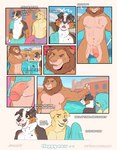 2023 absurd_res anthro australian_shepherd baileyx balls bird_dog canid canine canis circumcised clothed clothing comic cuckold digital_media_(artwork) domestic_dog dominant english_text felid flaccid genitals golden_retriever herding_dog hi_res humanoid_genitalia humanoid_penis hunting_dog lion male mammal musclegut muscular musk nude pantherine pastoral_dog penis pool retriever sheepdog slightly_chubby slightly_chubby_male text topless towel