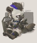 2019 anthro arknights black_hair blue_hair chibi claws clothing collar fingerless_gloves fur gloves grey_body grey_fur hair handwear hi_res hindpaw hyena hypergryph jacket looking_away male mammal multicolored_hair paws prooof_(artist) riot_shield shirt solo spot_(arknights) spotted_hyena studio_montagne t-shirt tail topwear two_tone_hair