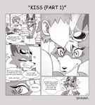 ?! animal_crossing anthro audie_(animal_crossing) biped blush blush_lines canid canine canis clothed clothing comic dialogue dipstick_tail drawligator duo english_text eyes_closed eyewear eyewear_on_head female fingers hair hi_res human kissing male male/female mammal markings monochrome nintendo one_eye_closed open_mouth open_smile signature smile speech_bubble sunglasses sunglasses_on_head tail tail_markings text thought_bubble villager_(animal_crossing) wolf