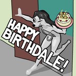 2023 anthro binary_drawing birthday birthday_cake black_hair cake candle canid canine canis cel_shading cherry daleport996 dessert domestic_dog door doorway english_text entering_room female female_anthro fire food fruit glistening glistening_body hair happy_birthday holding_cake holding_food holding_object holding_plate humor mammal one_eye_closed outline plant pun running shaded sinkdog smile solo tailless text wall_(structure) white_body