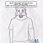 1:1 2024 anthro athletic athletic_anthro athletic_male biped canid canine canis clothing english_text eye_scar facial_scar fenrirwolfen fur hi_res lgbt_pride looking_at_viewer male mammal open_mouth pride_colors scar shirt solo standing text topwear vincian_pride_colors white_body white_fur wolf