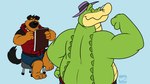 16:9 2024 alligator alligatorid anthro blue_background bottomwear brok_(brok_the_investigator) brok_the_investigator brown_body canid canine canis clothed clothing cowcat_games crocodilian domestic_dog drawing duo fan_character green_body green_scales hat headgear headwear hi_res hubie360 male mammal overweight overweight_male pencil rear_view reptile scales scalie shirt shorts simple_background topless topless_anthro topless_male topwear widescreen