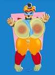 2022 anthro bear big_breasts biped bodily_fluids bow_tie breast_expansion breasts clothing crossgender curvy_figure digital_media_(artwork) expansion female five_nights_at_freddy's five_nights_at_freddy's:_security_breach genital_fluids genitals glamrock_freddy hat headgear headwear huge_breasts hyper hyper_breasts looking_at_viewer mammal mtf_crossgender nipple_dip nipples nude piercing pussy scottgames simple_background sjevi smile solo standing steel_wool_studios thick_thighs transformation wide_hips