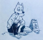 2023 absurd_res anthro barefoot borko_(barkwoofawoo) canid canine canis clothed clothing feet fully_clothed fur hi_res inktober male mammal signature sitting solo theblueberrycarrots traditional_media_(artwork) water wet_floor wet_floor_sign wolf