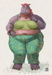 2024 alternative_fashion anthro barefoot belly big_breasts big_feet blue_eyes bottomwear bracelet breasts clothed clothing common_hippopotamus digit_ring digital_media_(artwork) digital_painting_(artwork) dyna_soar eyelashes facing_forward feet female full-length_portrait green_bottomwear green_clothing green_pants green_topwear grey_body hand_on_chest headgear headscarf headwear heather_(phoenixfreedom) hi_res hippie hippopotamid jewelry legwear mammal model_sheet nails navel necklace overweight overweight_female pants pattern_clothing pattern_headgear pattern_headwear pattern_legwear peace_symbol pink_body pink_clothing pink_headwear portrait ring shirt signature simple_background solo spandex_pants standing tank_top toe_ring toes topwear white_background wide_hips yoga_pants