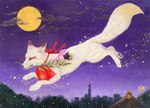 asian_mythology canid canine east_asian_mythology female feral fox fur hi_res japanese_mythology kaho_nishikawa mammal mythology night outside red_fox solo traditional_media_(artwork) true_fox white_body white_fur