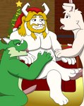 2023 3_toes absurd_res anthro asgore_dreemurr barefoot beard blonde_hair boss_monster_(undertale) bovid bovine caprine cel_shading christmas christmas_clothing christmas_headwear christmas_tree clothing dragon erection facial_hair feet foot_fetish foot_play footjob furniture genitals goat group hair hat headgear headwear hi_res holidays horn lagomorph leporid licking male male/male mammal mythological_creature mythological_scalie mythology nipple_fetish nipple_lick nipple_play nipples nude on_sofa penis plant rabbit reggie_rakun rg01_(undertale) rg02_(undertale) santa_hat scalie sex shaded sitting sitting_on_sofa sofa star toes tongue tongue_out tree trio undertale undertale_(series)