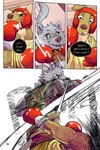 2:3 bastriw bodily_fluids boxing_gloves canid canine canis clothing comic dialogue domestic_dog english_text green_eyes handwear hi_res male mammal nico_(bastriw) punch sweat text training wolf