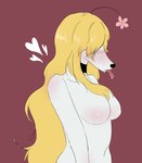 accessory anthro blonde_hair canid canine canis collar collar_only domestic_dog female flower flower_in_hair hair hair_accessory hi_res mammal nude osamu_tezuka plant solo tasting_corner wansa-kun_(series)