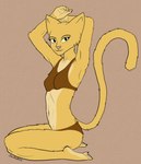 anthro bethesda_game_studios bra breasts clothing colored countershading digital_drawing_(artwork) digital_media_(artwork) eyebrows felid feline female female_anthro fur hands_behind_head hi_res johndoe8771 katia_managan khajiit kneeling looking_at_viewer mammal microsoft navel painted_underwear plantigrade prequel_adventure side_view simple_background small_breasts smile solo tail the_elder_scrolls underwear yellow_body yellow_fur