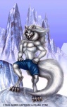 1995 anthro biped blue_eyes bottomwear canid canine canis claws clothing english_text frank_pyne fur hair james_kattinge kamots long_hair looking_at_viewer male mammal muscular muscular_anthro muscular_male outside pose shorts sky smile snow solo standing tail text vintage white_body white_fur white_hair winter wolf