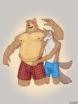 absurd_res anthro arches_(game) bear belly big_butt bulge butt cameron_wilson canid canine canis clothed clothed/nude clothing coyote devon_ortega duo echo_(series) echo_project flustered genitals hi_res male male/male mammal musclegut muscular muscular_male nude pecs penis ronixed slightly_chubby slightly_chubby_male