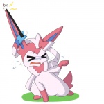 1:1 2013 ambiguous_gender bodily_fluids bow_tie canid canine crying dlrowdog eeveelution feral fur generation_6_pokemon humor mammal multicolored_body multicolored_fur nintendo pink_body pink_fur pokemon pokemon_(species) pokemon_amie simple_background solo stretching stylus sylveon tears tongue what white_body white_fur