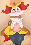 absurd_res anthro apron black_body black_fur black_legs blush blush_lines braixen breasts canid canine clothing digit_ring dipstick_tail female fennec_fox fox fur generation_6_pokemon genitals gold_(metal) gold_ring hand_on_breast heart_symbol hi_res highoncoffee house_wife inner_ear_fluff jewelry looking_at_viewer mammal markings nintendo pink_apron pink_clothing pokemon pokemon_(species) pussy red_blush red_eyes red_inner_ear_fluff red_nose red_tail_tip ring solo spatula stick_in_tail tail tail_markings tools true_fox tuft wedding_ring white_body white_fur wife yellow_body yellow_ears yellow_fur yellow_tail