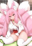 9_tails animal_humanoid arm_support asian_clothing big_breasts blush breasts canid canid_humanoid canine canine_humanoid cleavage clothed clothing clothing_bow clothing_pull collarbone dipstick_ears dipstick_tail ear_markings east_asian_clothing female fluffy fluffy_tail footwear fox fox_humanoid fur hair hi_res high_cut_miko_outfit horokusa0519 huge_breasts humanoid inner_ear_fluff inside japanese_clothing jewelry kimono legwear light_body light_skin long_hair looking_at_viewer mammal mammal_humanoid markings miko_outfit multi_tail multicolored_ears necklace obi off_shoulder pink_body pink_eyes pink_fur pink_hair sandals shirt shirt_pull shoes shoji sitting smile solo tail tail_markings tatami thick_thighs thigh_highs topwear topwear_pull tuft wariza white_body white_fur wide_hips