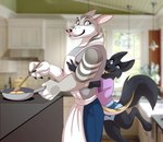 anthro apron canid canine clothing cooking duo female hi_res hug kitchen kitchen_utensils male mammal open_mouth open_smile silvergrin size_difference smile tools zetsin