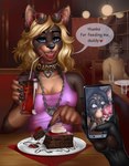 ambiguous_gender anthro beverage blonde_hair blue_eyes bodily_fluids britt_(felisrandomis) cake canid canine canis cellphone clothing collar cum cutlery date_pov dessert domestic_dog drinking_straw ear_piercing ear_ring electronics english_text eyewear fellatio female food fork fox furniture fusk genital_fluids genitals glass group hair heart_symbol hi_res jewelry kane_ewing kitchen_utensils lamp lipstick looking_at_viewer makeup male mammal napkin necklace nipple_outline open_mouth oral penile penis phone piercing plate restaurant ring_piercing sex signature speech_bubble sunglasses table text tools topwear window