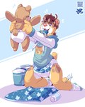 4:5 ageplay anthro baby_powder bear bedding blanket blue_background blue_eyes brown_body brown_fur clean_diaper clothed clothing diaper footwear fur happy hi_res holding_object holding_plushie hoodie kneeling lilchu male mammal object_in_mouth orange_body orange_fur pacifier pacifier_in_mouth plushie roleplay simple_background socks solo topwear wearing_diaper white_background white_body white_fur