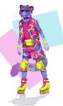 2022 anthro banoncat barbie_(film) clothing collar fanny_pack felid fur hair hat headgear headwear hi_res inline_skates jacket knee_guards looking_at_viewer male mammal markings multicolored_body multicolored_fur open_mouth pantherine roller_skates smug snow_leopard solo sportswear spots spotted_body spotted_fur teeth topwear tyedie visor_cap wristband