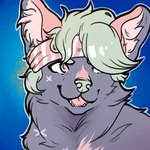 1:1 ambiguous_gender blue_background canid cheek_tuft facial_tuft feral fur green_eyes green_hair green_nose grey_body grey_fur hair inner_ear_fluff lionfloof mammal open_mouth pink_ears pink_inner_ear_fluff pink_tongue simple_background solo tongue tuft